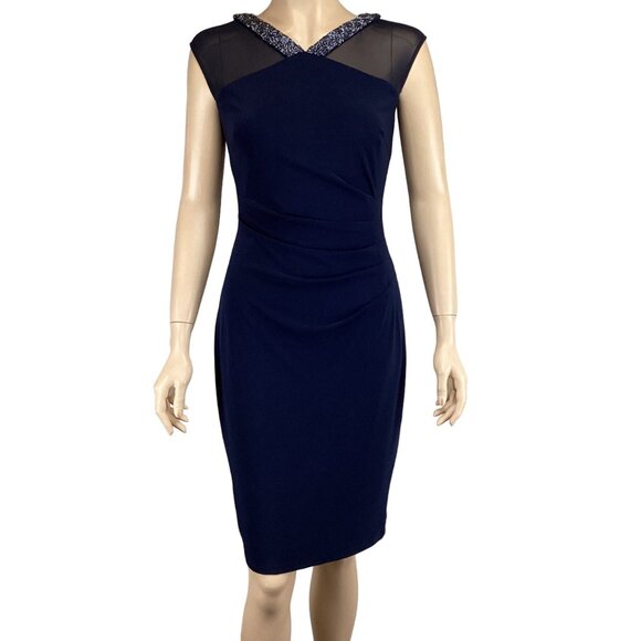 Lauren Ralph Lauren Dress Size 2 Matte Jersey Viviennette Navy Blue Beaded Sheat - Picture 2 of 9